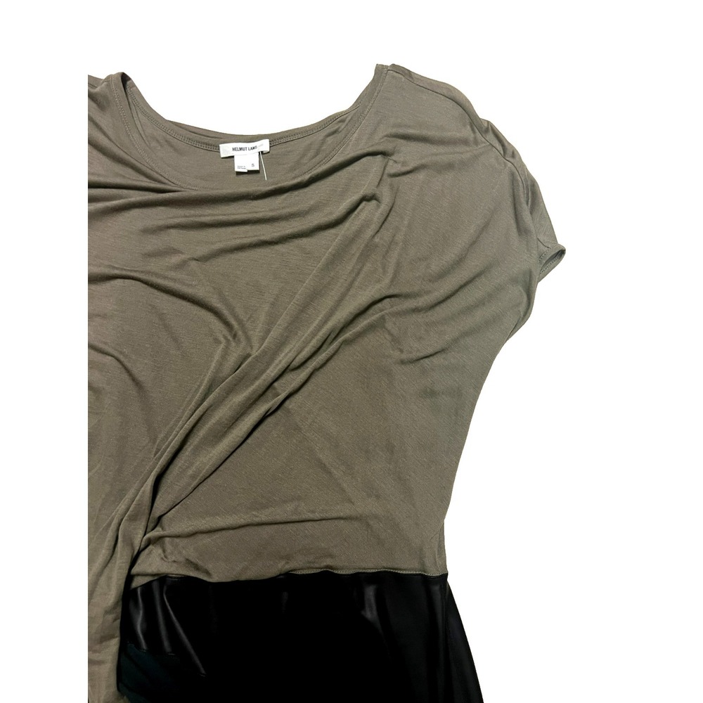 HELMUT LANG Asymmetric Drape Midi Dress Green Black Jersey Brown Vegan Leather S - Picture 3 of 12